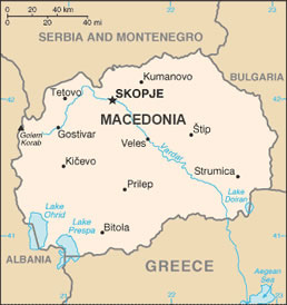 Map of Macedonia showing its bordering countries are Serbia and Montenegro, Bulgaria, Greece, and Albania. 
