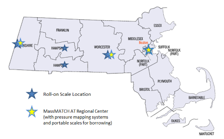Map of Massachusetts with blue stars for Roll-on scale locations and yellow stars for AT Regional Centers with pressure mapping systems and portable scales for borrowing. Roll-on scales are in Birkshire, Hampshire, Hampden and Worcester counties. AT Regional Centers are in Birkshire, Worcester and Suffolk (Boston) counties.