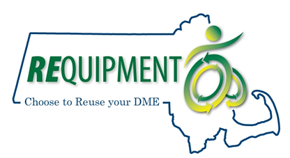 Requipment logo: Choose to Reuse your DME. Shows outline of Massachusetts and wheelchair user icon incorporating recycling arrows.