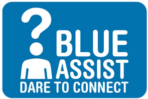 Blue Assist icon shows a person beneath a question mark and the words "Blue Assist. Dare to Connect." 
