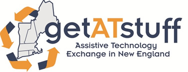 Getatstuff logo: the Assistive Technology Exchange in New England. Displays the six New England states surrounded by recycing arrows. 