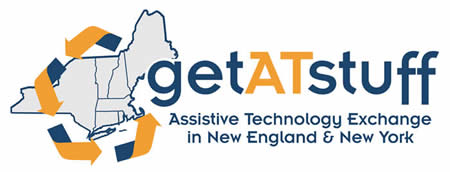 Get A.T. Stuff logo: Assistive Technology Exchange in New England and New York. Shows recycling arrows around the states. 
