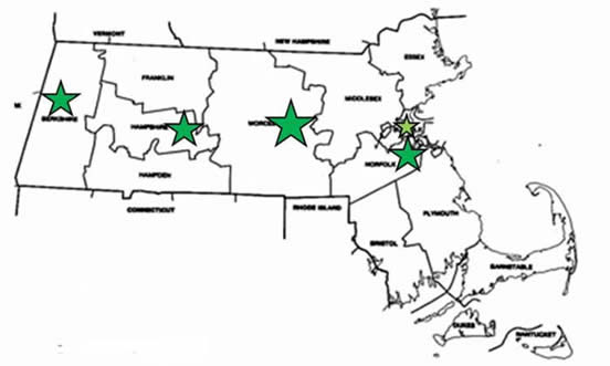 Map of Massachusetts with 5 stars marking REquipment sites from east to west.